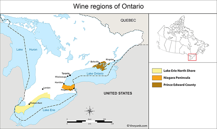 carte des régions viticoles de l'Ontario 